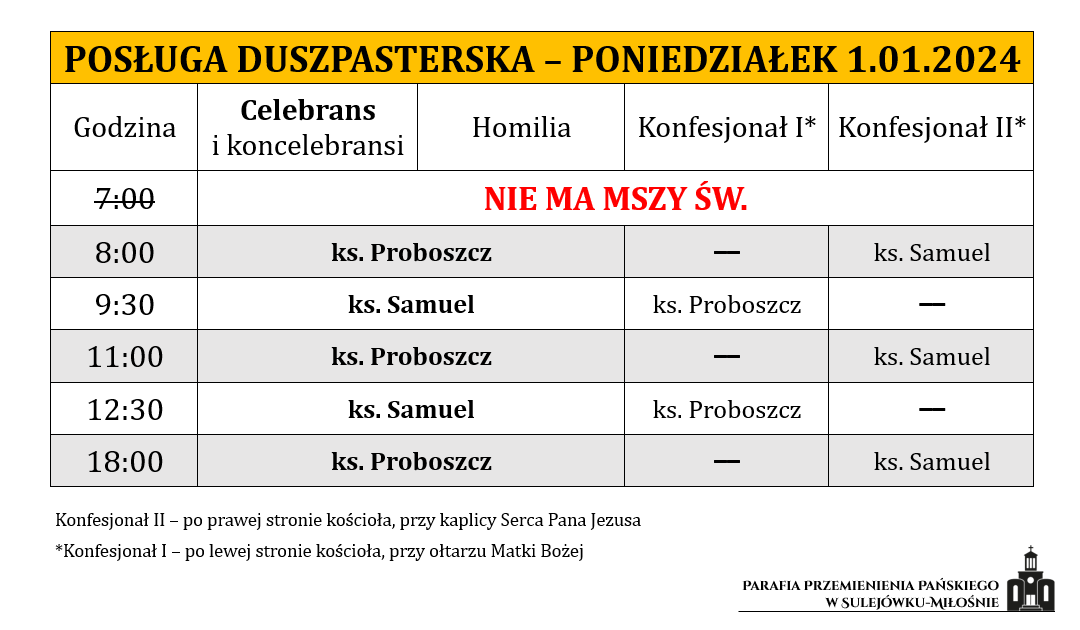 01.01.2024 – Uroczystość Świętej Bożej Rodzicielki, Maryi – Nowy Rok